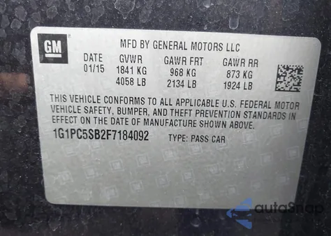 2015 Chevrolet Cruze 1Lt Auto z USA, uszkodzony, nr VIN 1G1PC5SB2F7184092